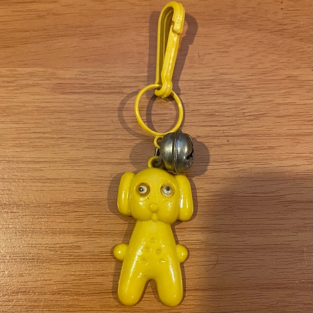 Vintage 1980s Plastic Bell Charm Yellow Puppy Dog Googly Eyes 80s Necklace